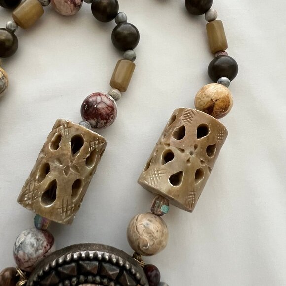 Genuine Gemstone Jasper Mixed Beaded Statement Costume Artisan Estate Necklace - Picture 11 of 12